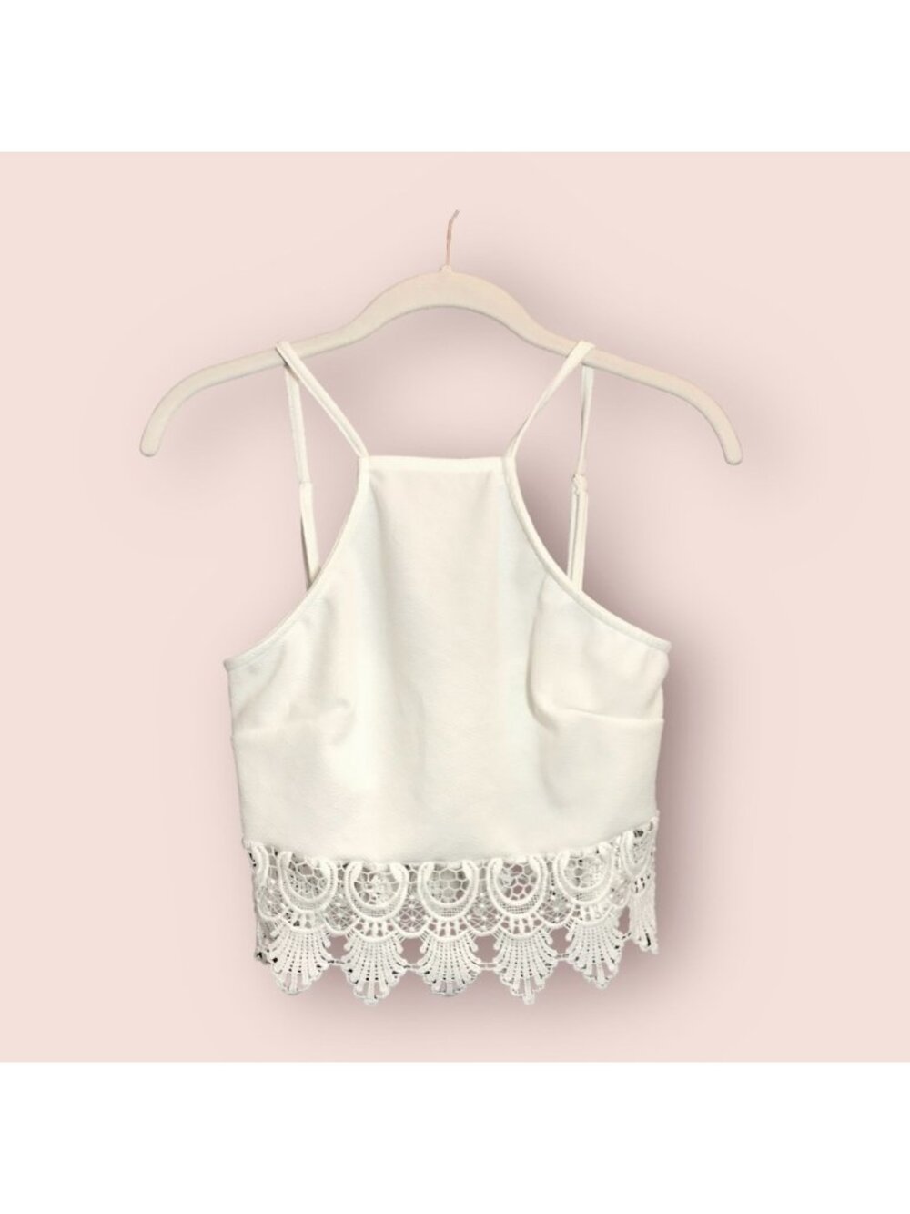 Papaya Women's Lace Trim Crop Halter Top in White - Size Small